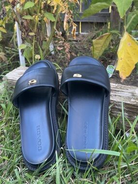 COACH Black Leather Slide Sandals with Gold Accent